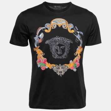 Pre Owned Versace Black Cotton Medusa Embroidered Short Sleeve T-Shirt S