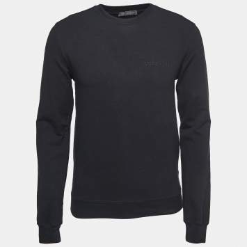 Pre Owned Versace Black Logo Embroidered Cotton Crew Neck Sweatshirt S