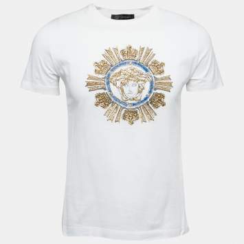 Pre Owned Versace White Cotton Medusa Embellished Short Sleeve T-Shirt S