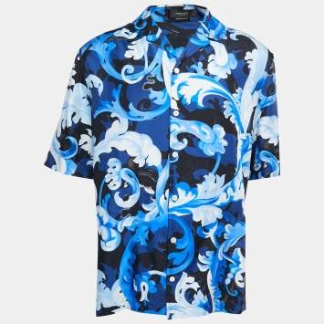 Pre Owned  Versace Blue Barocco Print Silk Half Sleeve Americana Fit Shirt L