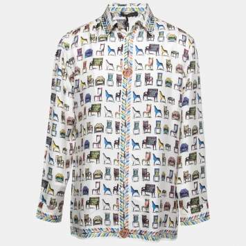 Pre Owned Versace Multicolor Chair Print Silk Button Front Full Sleeve Shirt L
