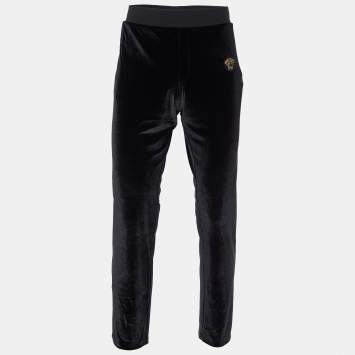 Pre Owned Versace Black Velour Embroidered Medusa Track Pants L