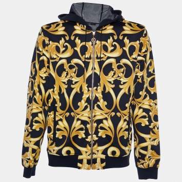 Pre Owned Versace Black baroque printed Cotton Knit Hooded Sweatshirt XL