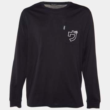 Pre Owned Versace Black Japanese Script Embroidered Cotton Knit Long Sleeve T-Shirt XL