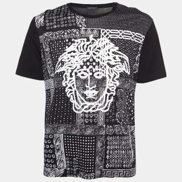 Pre Owned Versace Black Bandana & Medusa Head Printed Cotton Knit T-Shirt XL