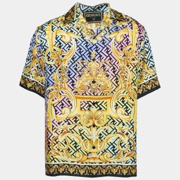 Pre Owned Fendace Multicolor Monogram Baroque Printed Silk Short Sleeve Shirt XL