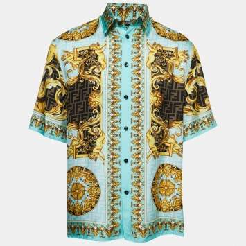 Pre Owned Fendace Blue/Multicolor Monogram Baroque Printed Silk Short Sleeve Shirt XL