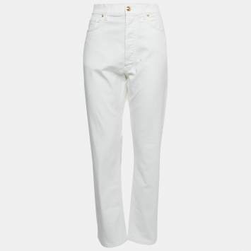 Pre Owned Versace White Denim Medusa Button Detailed Jeans L Waist 34"