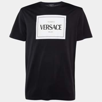Pre Owned Versace Black Logo Print Cotton Taylor Fit Half Sleeve T-Shirt 2XL