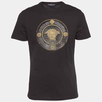 Pre Owned Versace Black Cotton Embellished Medusa Logo T-Shirt M