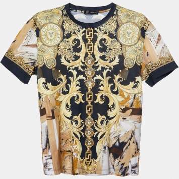 Pre Owned Versace Yellow/Black Baroque Print Cotton Crew Neck T-Shirt M