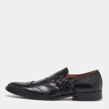 Pre Owned Versace Black Leather Mortimer Double Monk Strap Loafers Size 41