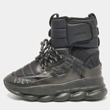 Pre Owned Versace Black Neoprene and Leather Chain Reaction High Top Sneakers Size 41