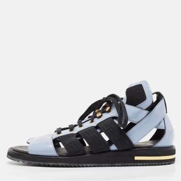 Versace Blue/Black Leather Lace Up Flat Sandals Size 42