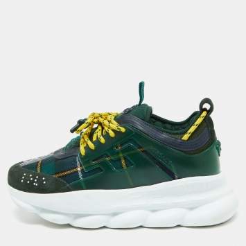 Pre Owned Versace Green Suede and Check Canvas Chain Reaction Sneakers Size 44