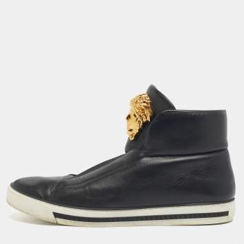 Pre Owned Versace Black Leather Palazzo Slip On Sneakers Size 46