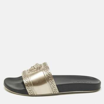 Pre Owned Versace Gold Rubber Medusa Pool Slides Size 45