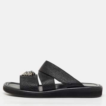 Pre Owned Versace Black Leather Medusa Detail Flat Slide Sandals Size 43