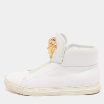 Pre Owned Versace Medusa Size 42 White Leather High Top Sneakers