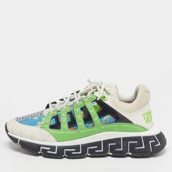 Pre Owned Versace Trigreca Size 42 Multicolor Canvas and Leather Lace Up Sneakers