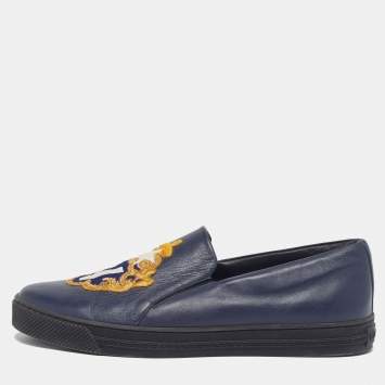 Pre Owned Versace Palazzo Size 44 Navy Blue Leather Slip On Sneakers