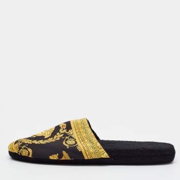 مملوكة مسبقًا Versace Baroque Size XL Black/Yellow Fabric Flat Slippers