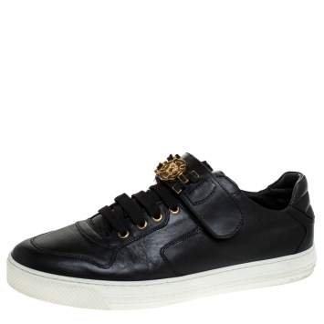 Pre Owned Versace Black Leather Lace Up/Velcro Low Top Sneakers Size 43