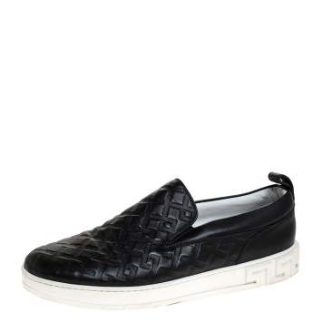 Pre Owned Versace Black Greek Key Embossed Leather Slip On Sneakers Size 44