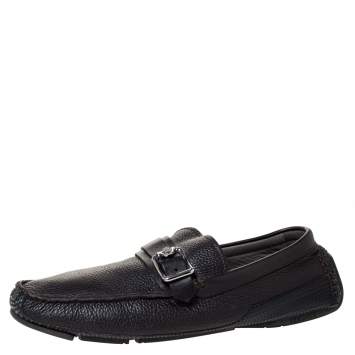 Pre Owned Versace Black Leather Buckle Detail Slip On Loafers Size 43