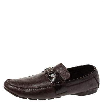 Pre Owned Versace Dark Brown Leather And Patent Trim Medusa Detail Slip On Loafers Size 43
