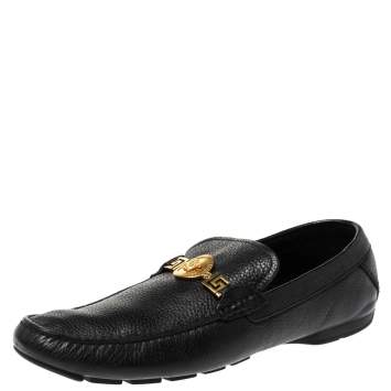 Pre Owned Versace Black Leather Medusa Detail Slip On Loafers Size 43