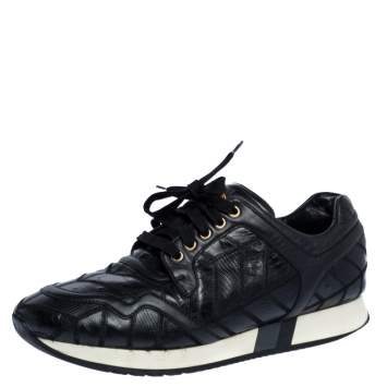 Pre Owned Versace Black Lizard, Ostrich And Croc Medusa Logo Low Top Sneakers Size 44