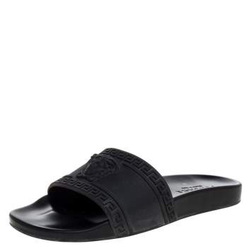 Pre Owned Versace Black Rubber Medusa Head Flat Slides Size 41