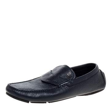 Pre Owned Versace Navy Blue Leather Slip On Loafers Size 40