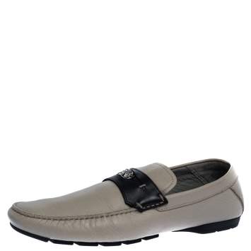 Pre Owned Versace Beige Leather Medusa Detail Slip On Loafers Size 43