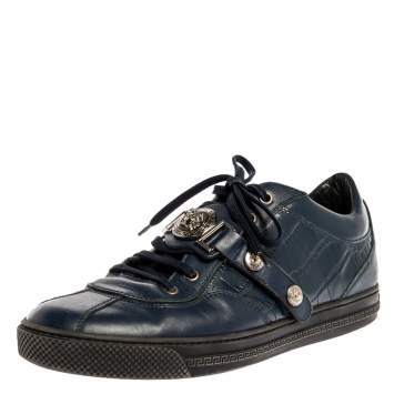 Pre Owned Versace Blue Leather And Croc Embossed Leather Medusa Low Top Sneakers Size 41