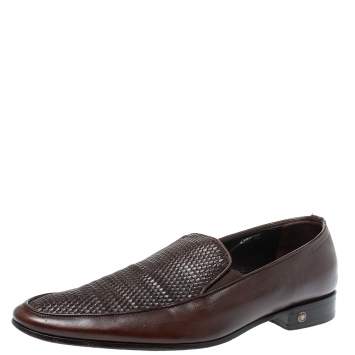 Pre Owned Versace Brown Woven Leather Slip On Loafers Size 46