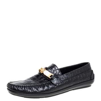 Pre Owned Versace Black Croc Embossed Leather Medusa Loafers Size 45