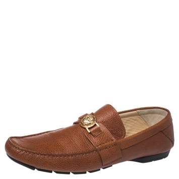 Pre Owned Versace Brown Leather Medusa Detail Slip On Loafers Size 46