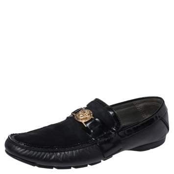Pre Owned Versace Black Leather And Suede Medusa Loafers Size 44