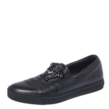 Pre Owned Versace Black Leather Medusa Slip-On Low Top Sneakers Size 40
