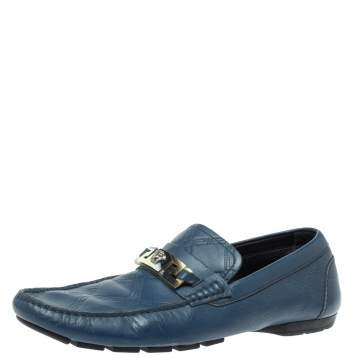 Pre Owned Versace Blue Leather Meander Pattern Medusa Slip On Loafers Size 43