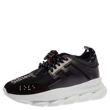 Pre Owned Versace Black Mesh And Leather Chain Reaction Sneakers Size 42