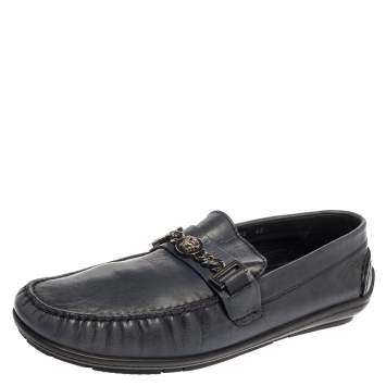 Pre Owned Versace Blue Leather Medusa Icon Chain Detail Loafers Size 45