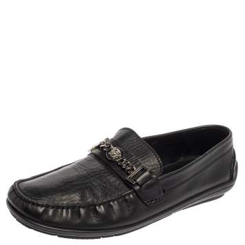 Pre Owned Versace Black Leather Medusa Icon Chain Detail Loafers Size 45