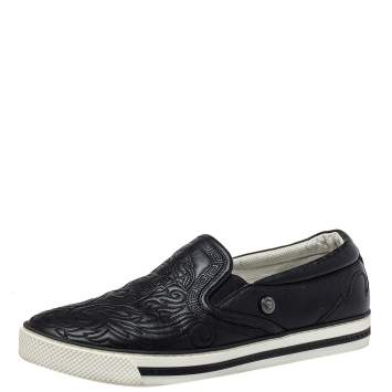 Pre Owned Versace Black Baroque Embroidered Leather Slip On Sneakers Size 44