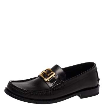Pre Owned Versace Black Leather Metal Logo Slip On Loafers Size 41
