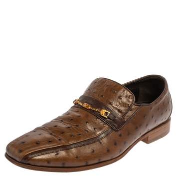 Pre Owned Versace Brown Ostrich  Leather Medusa Chain Detail Loafers Size 43