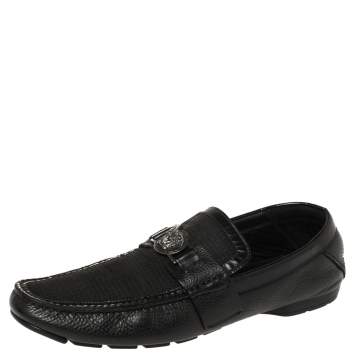 Pre Owned Versace Black Leather Medusa Embellished Slip On Loafers 43