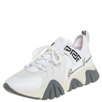 Pre Owned Versace White Nubuck Leather And Knit Fabric Squalo Low Top Sneakers Size 43.5